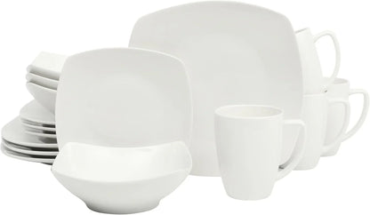 Zen Buffet White Porcelain Dinnerware Set for 4, Square Plates Bowls and Mugs, Chip and Scratch Resistant, Dishwasher and Microwave Safe, 16 Piece