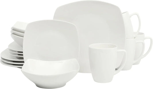 Zen Buffet White Porcelain Dinnerware Set for 4, Square Plates Bowls and Mugs, Chip and Scratch Resistant, Dishwasher and Microwave Safe, 16 Piece