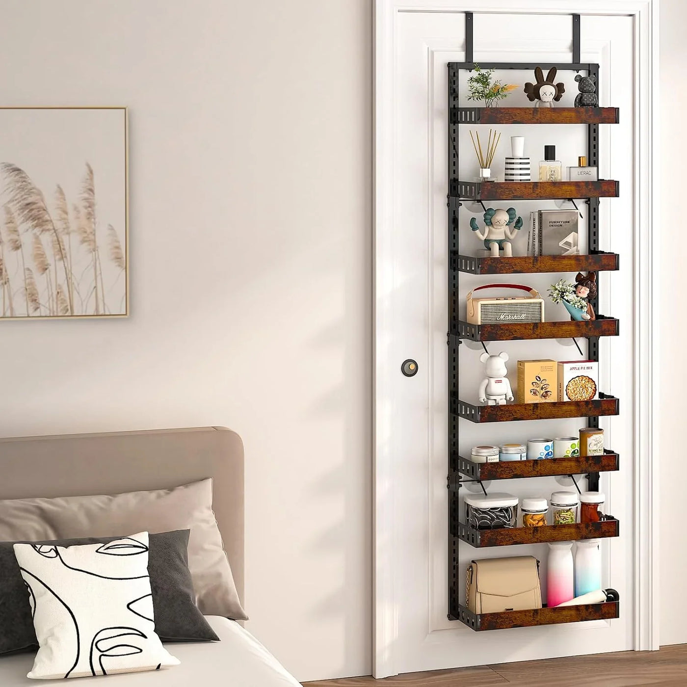 over the Door Pantry Organizer, 8-Tier Adjustable Wooden Basket Kitchen Pantry Door Organization and Storage, 2 in 1 Wall Mount or Hanging Heavy-Duty Metal Hanging Kitchen Spice Rack, 1 Pack