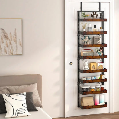 over the Door Pantry Organizer, 8-Tier Adjustable Wooden Basket Kitchen Pantry Door Organization and Storage, 2 in 1 Wall Mount or Hanging Heavy-Duty Metal Hanging Kitchen Spice Rack, 1 Pack