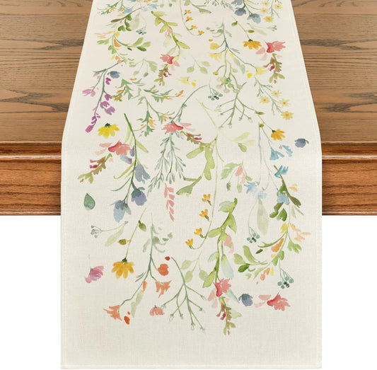 Wildflowers Bloom Flowers Spring Table Runner, Seasonal Summer Floral Kitchen Dining Table Decoration for Home Party Decor 13X120 Inch