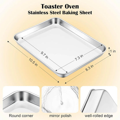 Toaster Oven Tray, 10.5”X8.3” Stainless Steel Small Baking Cookie Sheet, Compact Non-Toxic Metal Baking Pan for Cake, Healthy & Rust Free, Mirror Finish & Dishwasher Safe, 1 Pack