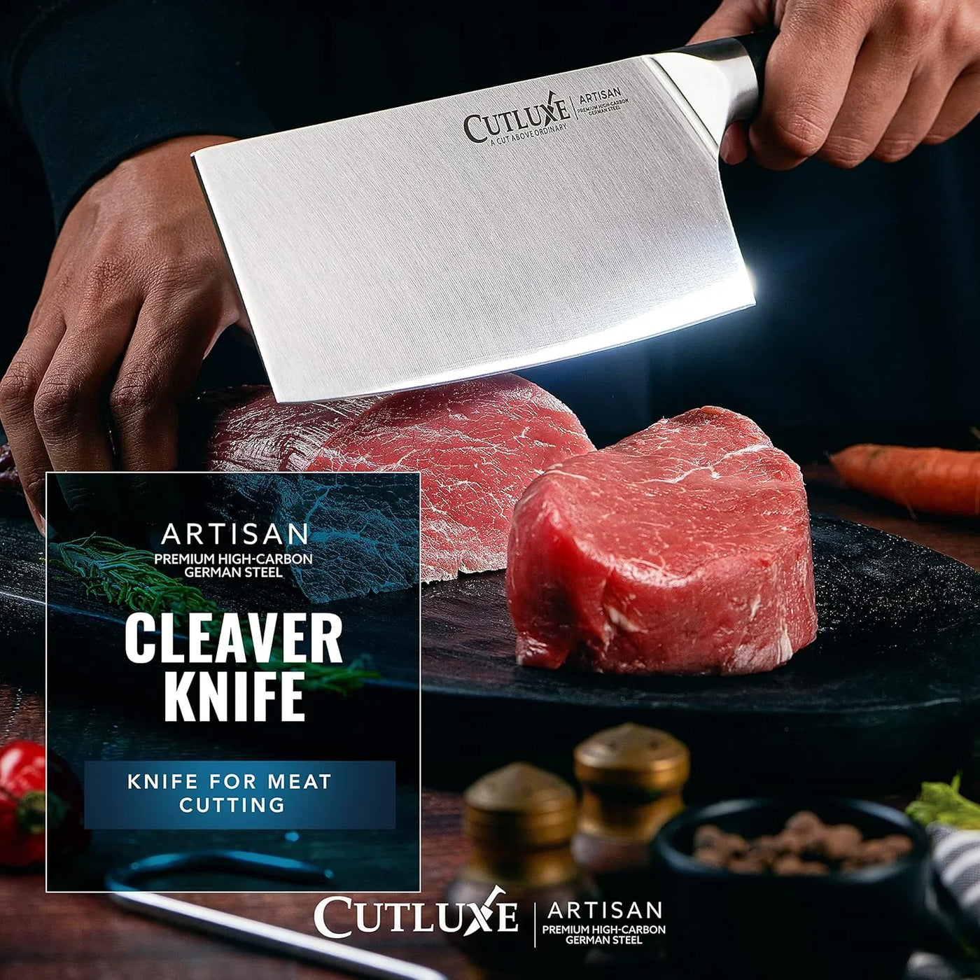 Cleaver Knife - 7" Meat Cleaver, Butcher Knife for Meat Cutting – German Steel Blade, Full Tang, Ergonomic Handle Design – Artisan Series
