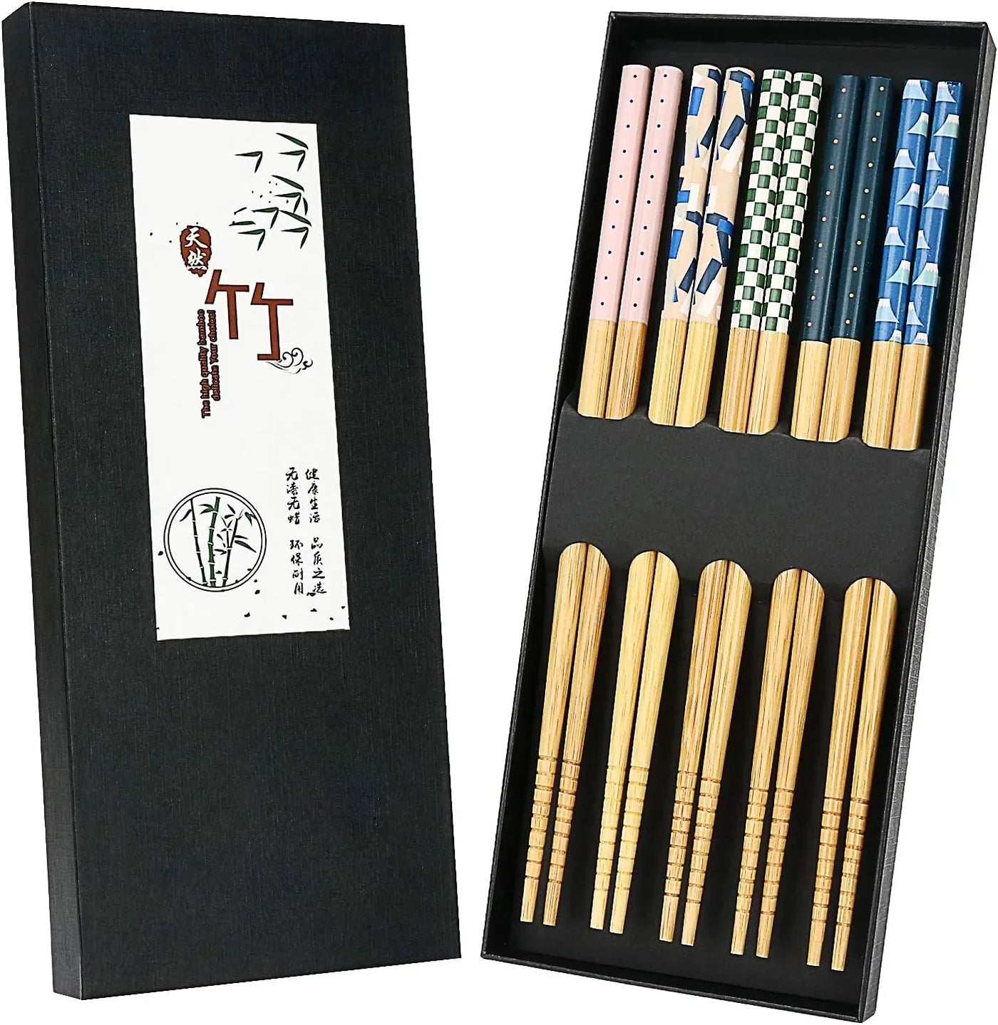 Bamboo chopsticks set with colorful patterns and natural wood finish, ideal for kitchen dining and eco-friendly meals.