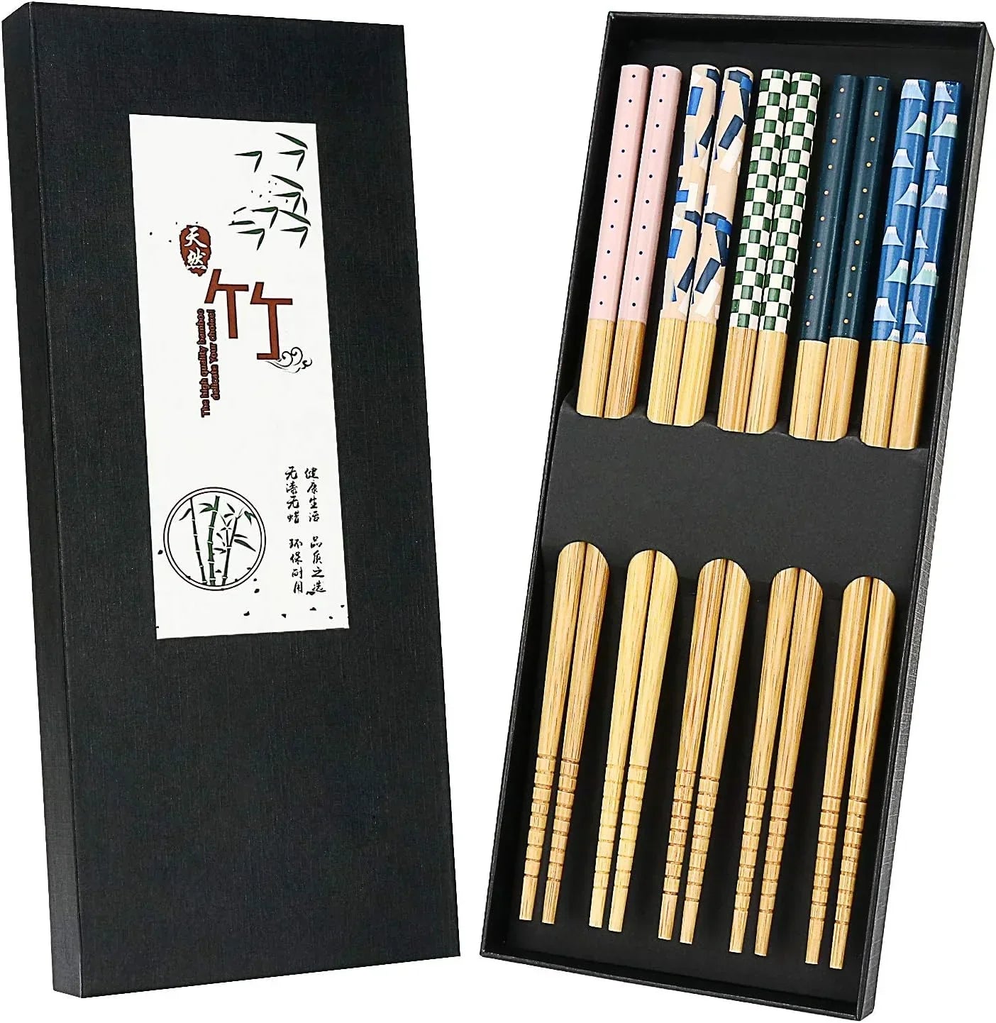 Bamboo chopsticks set with colorful patterns and natural wood finish, ideal for kitchen dining and eco-friendly meals.