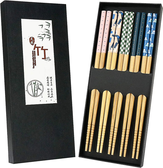 Bamboo chopsticks set with colorful patterns and natural wood finish, ideal for kitchen dining and eco-friendly meals.