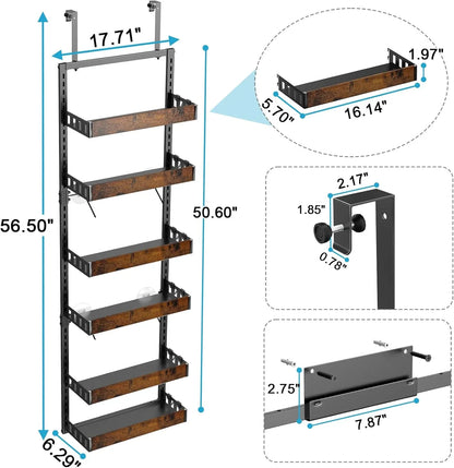 over the Door Pantry Organizer, 6-Tier Adjustable Wooden Basket Kitchen Pantry Door Organization and Storage, Heavy-Duty Metal Hanging Kitchen Spice Rack, D6.3 X W17.71 X H50.60 Inch, 1 Pack