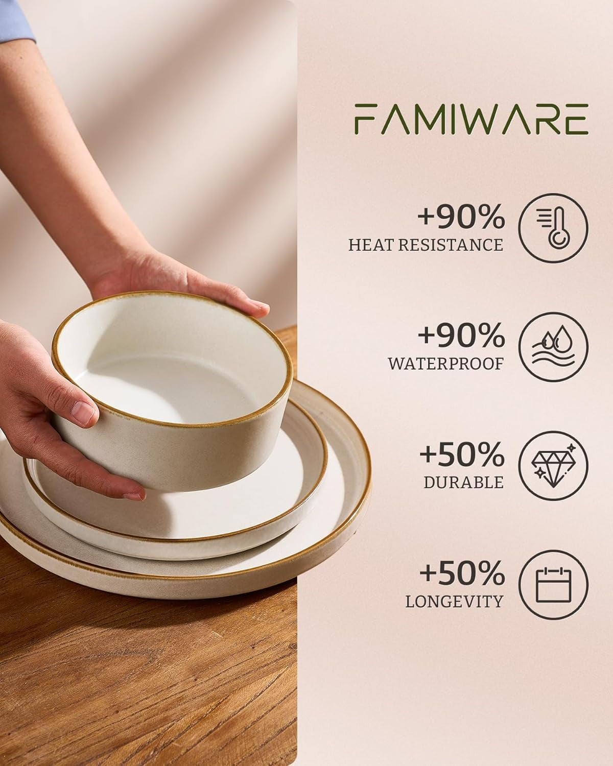 Nebula Plates and Bowls Sets, 12 Pieces Stoneware Dinnerware Sets, Reactive Glaze Dish Set, Dishes Set for 4, Matte Beige White with Brown Rim