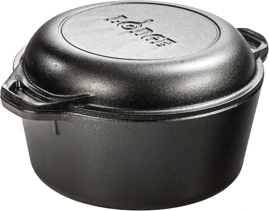 Cast Iron Double Dutch Oven - Pre-Seasoned 2-In-1 Cast Iron Cookware - Pot & Skillet Combo - Even Heat Retention - Oven-Safe, Versatile Pot - 5 Quart