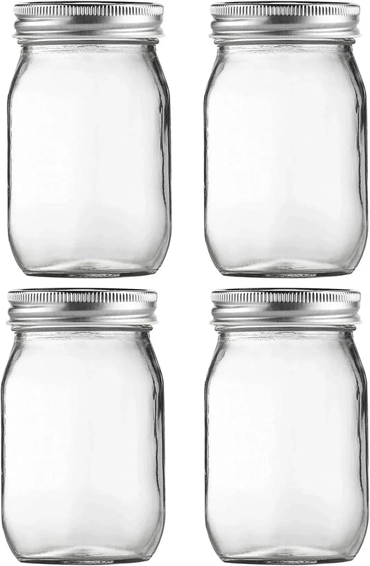 Glass Mason Jars, 16Oz Clear Glass Jars with Lids for Sealing, Regular Mouth Canning Jars for Food Storage, Snacks, Candies, DIY Projects, 4 Pack