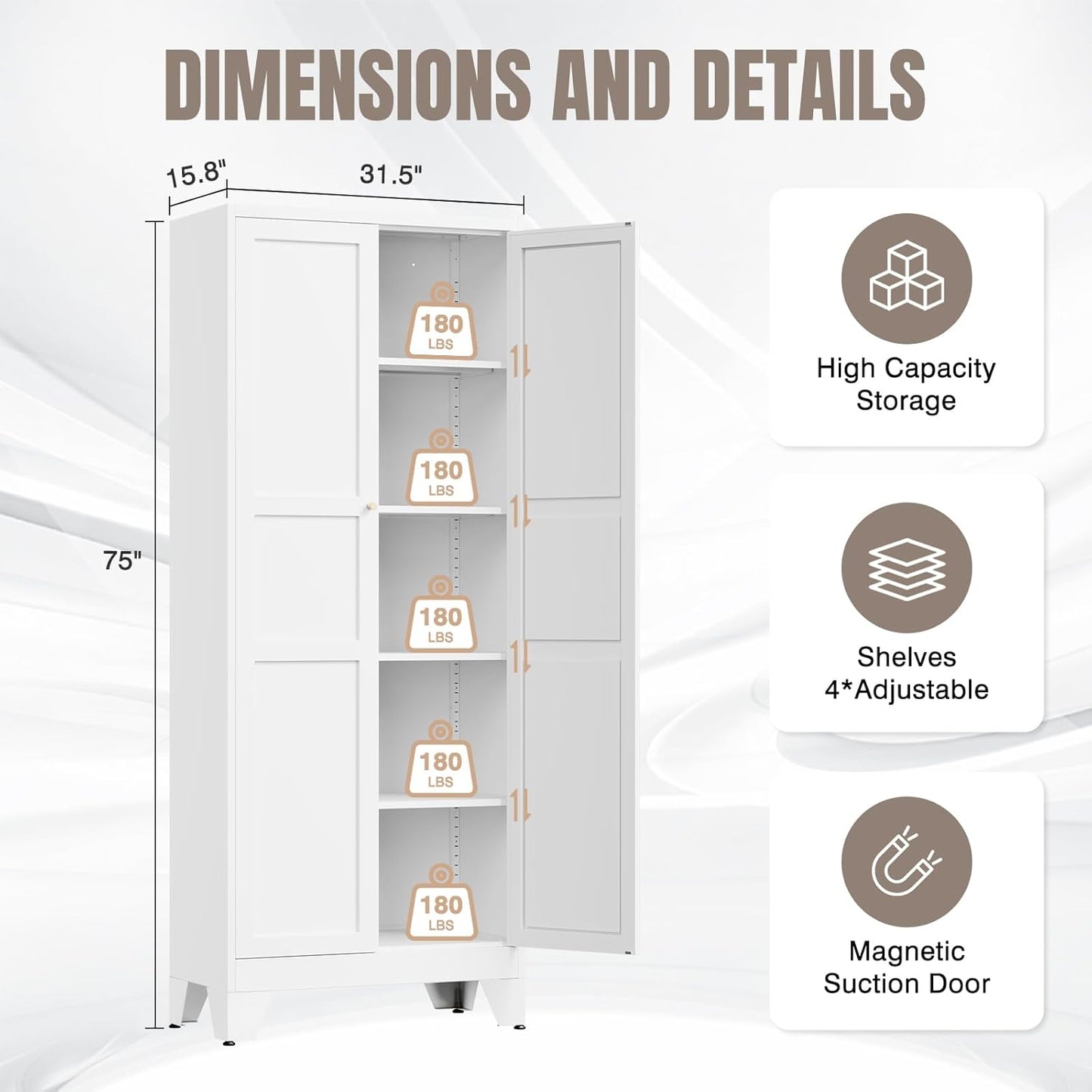 Metal Pantry Cabinet, 75" Kitchen Pantry with 2 Door and 4 Adjustable Shelves,White Metal Pantry Storage Cabinet,Cupboard for Kitchen,Dining Room,Living Room and Bathroom