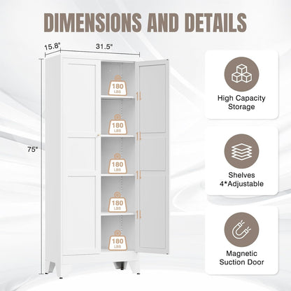 Metal Pantry Cabinet, 75" Kitchen Pantry with 2 Door and 4 Adjustable Shelves,White Metal Pantry Storage Cabinet,Cupboard for Kitchen,Dining Room,Living Room and Bathroom