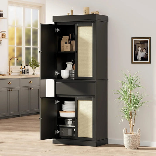 Pantry Cabinet,70" Tall Kitchen Pantry Cabinet with 4 Doors and 3 Adjustable Shelves, Freestanding Cupboard, Modern Storage Cabinet for Bathroom, Dining Room, Living Room， Black Rattan