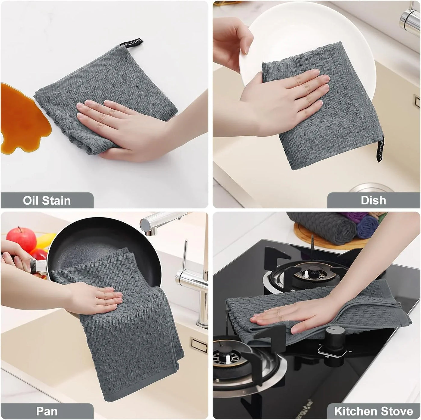 100% Cotton Kitchen Towels and Dishcloths Set, 12 X 12 & 15 X 25 Inches, Set of 8 Bulk Terry Cloth Dish Towels, Super Soft and Absorbent Hand Towel with Hanging Loop, Dark Grey