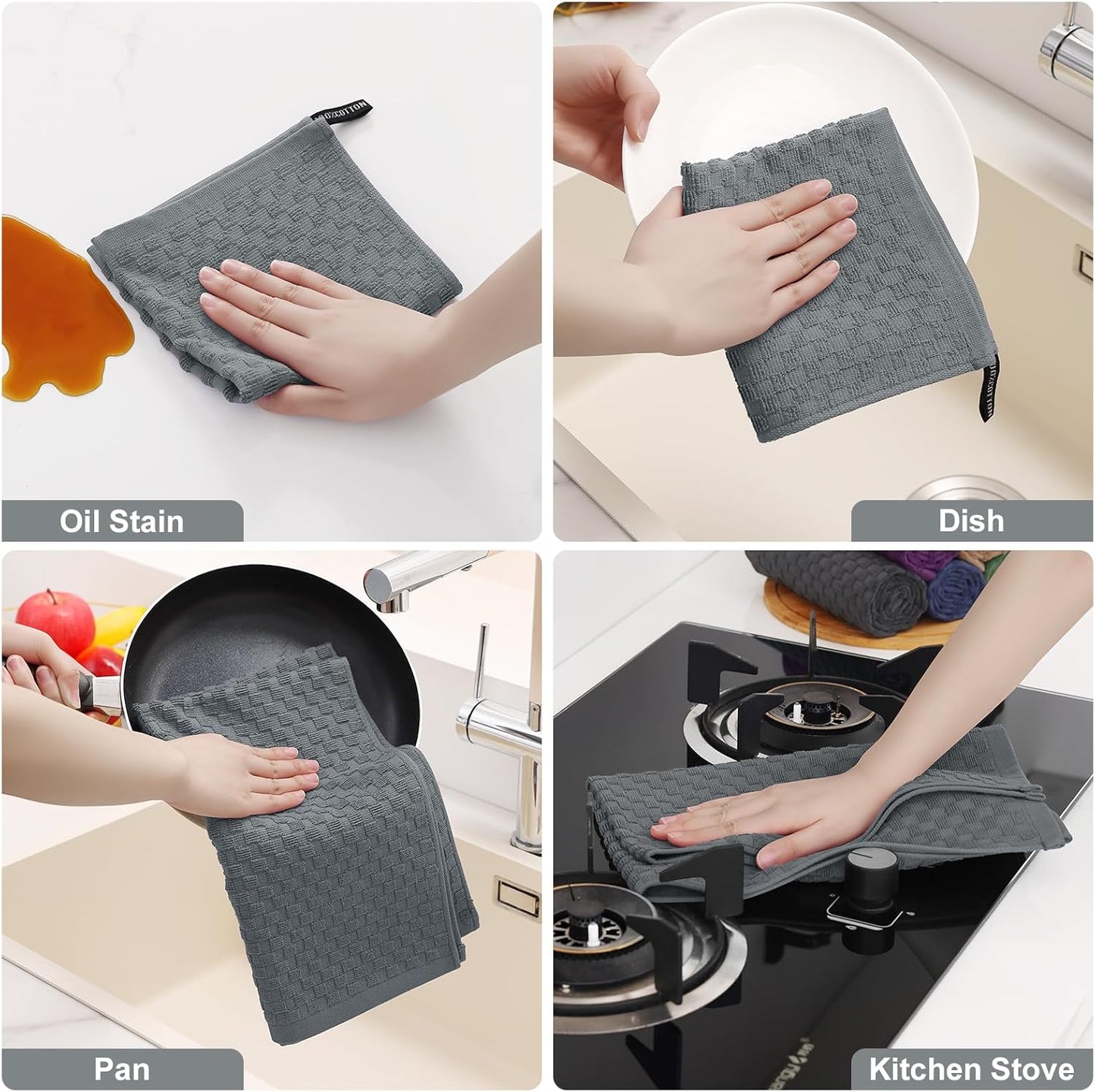 100% Cotton Kitchen Towels and Dishcloths Set, 12 X 12 & 15 X 25 Inches, Set of 8 Bulk Terry Cloth Dish Towels, Super Soft and Absorbent Hand Towel with Hanging Loop, Dark Grey