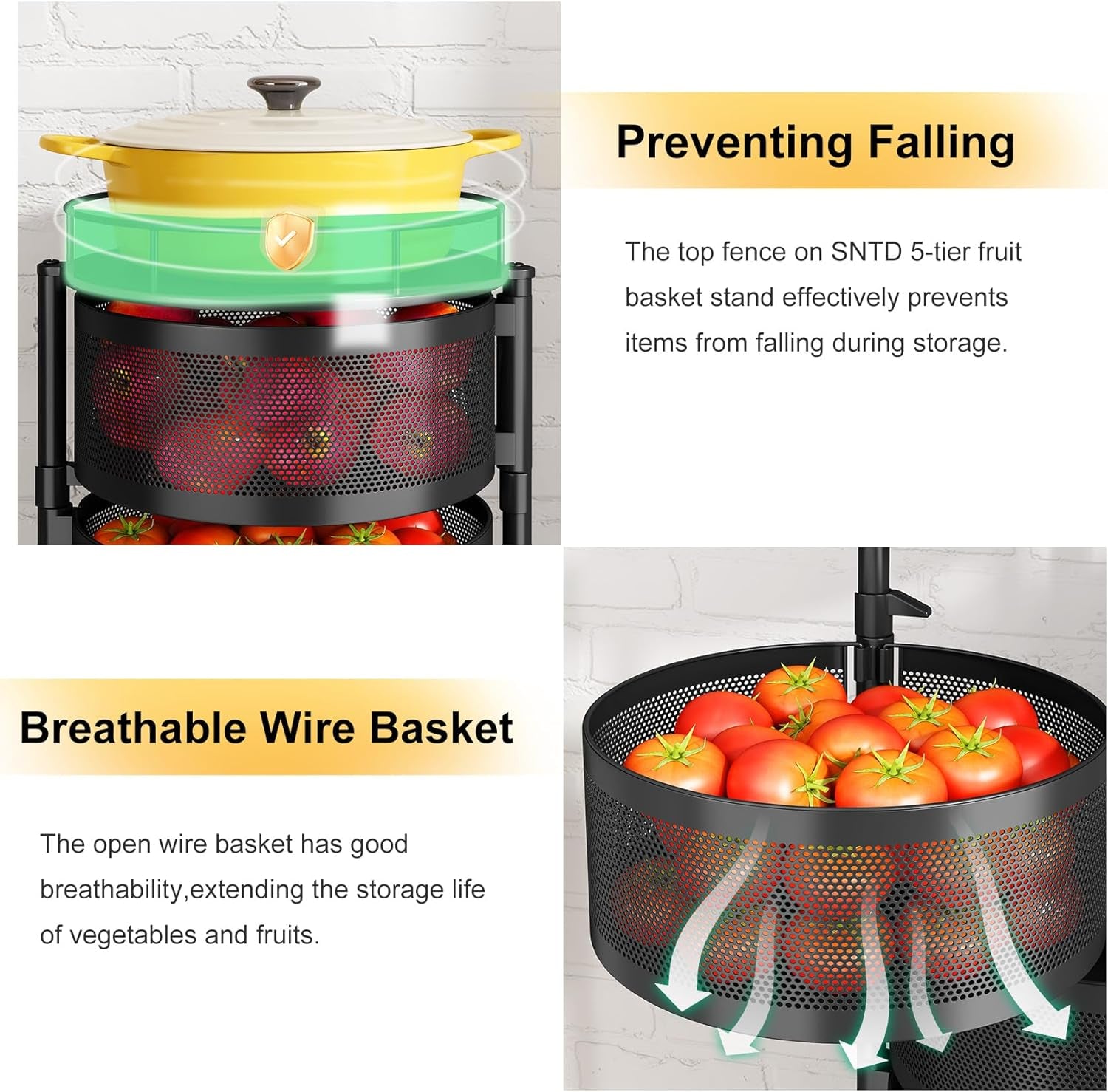Fruit and Vegetable Basket Bowls for Kitchen with Metal Top Lid, 5 Tier Rotating Storage Rack Cart for Potato Onion Bread Banana, Wire Basket Organizer on Wheels, Large, Black