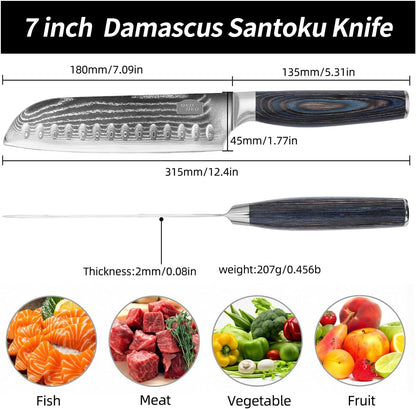 Damascus Santoku Knife, 7- Inch Kitchen Knives with 9Cr18Mov Steel Core, Japanese Kitchen Knife Cooking Meat Cleaver with Durable Wood Handle, Sharp Santoku Chef Knife for Home Use with Gift Box