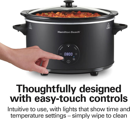 6 Quart Set & Forget Programmable Slow Cooker with Defrost Function, Flexible Programming, Adjustable Countdown Timer, Large Dishwasher Safe Stoneware Crock and Glass Lid, Black (33765)