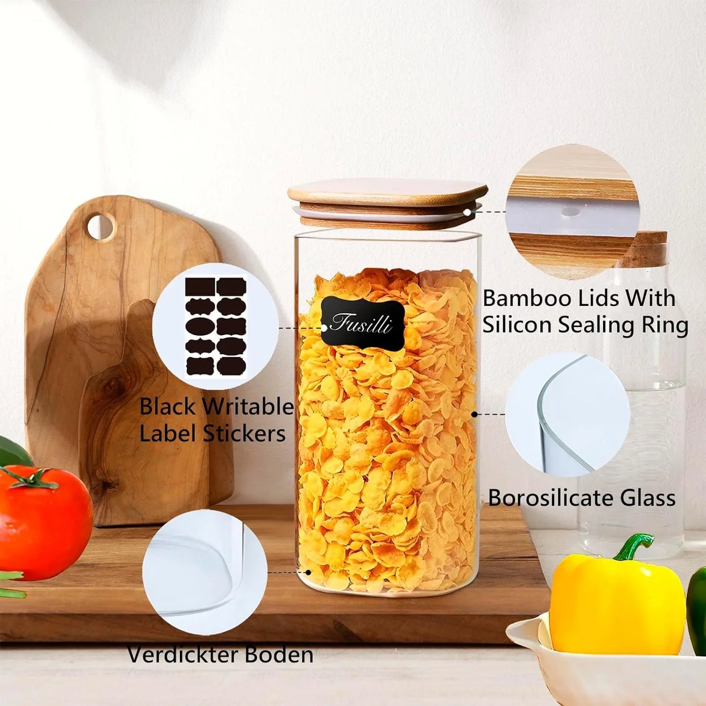 1.6 Qt Square Glass Storage Containers with Lids, Clear Food Storage Container Jar with Sealing Bamboo Lid for Noodles Flour Cereal Rice Sugar Tea Coffee Beans,Square Set of 3