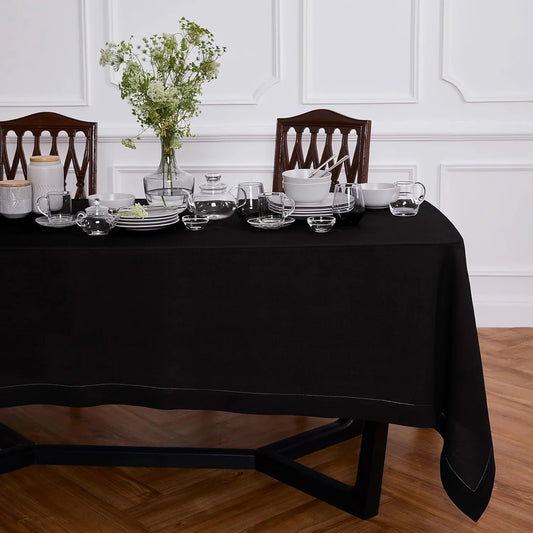 Linen Black Tablecloth 70 X 90 Inch - Sonoma Hemstitch, 100% Pure Linen Rectangular Tablecloth - Machine Washable Table Cloth for Mothers Day