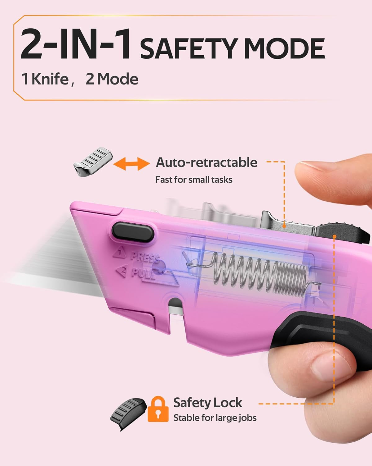® Box Cutter Utility Knife, 2-In-1 Safety Retractable Box Cutter for Women, Quick Change Razor Knife for Home, Office & DIY, Blade Storage Design, with Extra Sharp Razor & Hook Blades (Pink)
