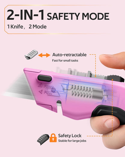 ® Box Cutter Utility Knife, 2-In-1 Safety Retractable Box Cutter for Women, Quick Change Razor Knife for Home, Office & DIY, Blade Storage Design, with Extra Sharp Razor & Hook Blades (Pink)