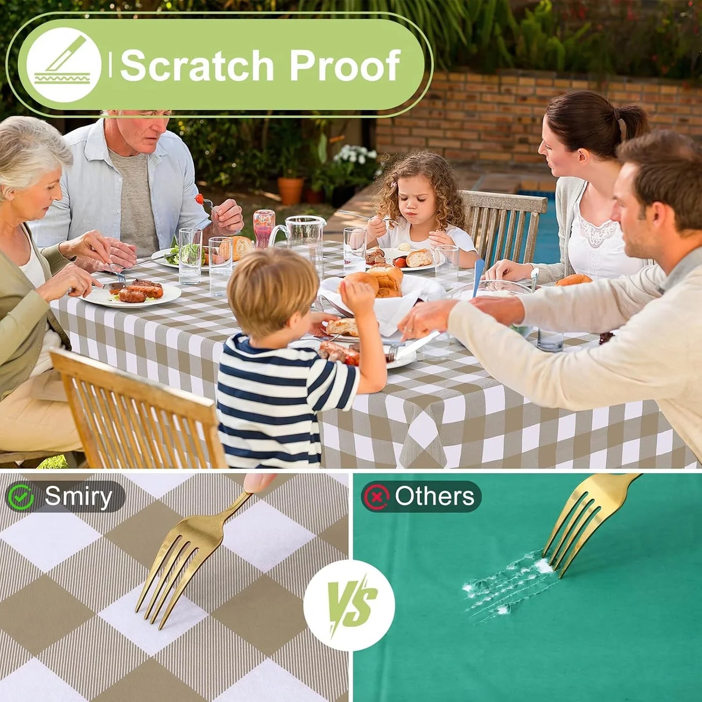 Rectangle Table Cloth, Waterproof Vinyl Tablecloths with Flannel Backing, Wipeable Buffalo Plaid Table Cover for Picnic, Indoor and Outdoor (Khaki & White, 60"X84")
