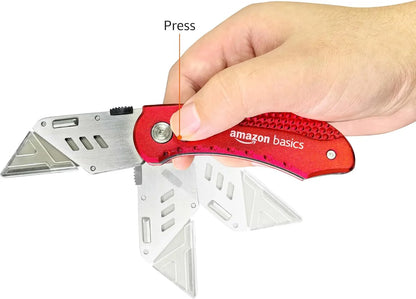 Folding Utility Knife Box Cutter with Back-Lock Mechanism, Portable Lightweight Aluminum Handle, Red