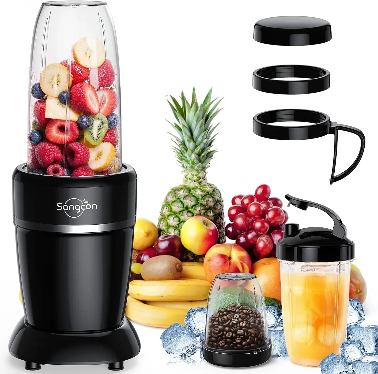 Sangcon personal blender with fresh fruits, smoothie cup, and coffee grinder attachment for kitchen blending