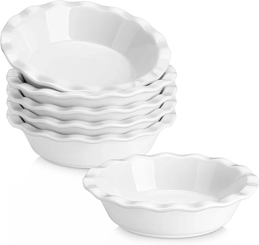Ceramic Mini Pie Pans Set of 6, 6 Inch Pie Plates for Baking with Ruffled Edge, Small Quiche Baking Dish Pans Tart Pans, Individual Pot Pie Plates, Microwave & Oven Safe, White