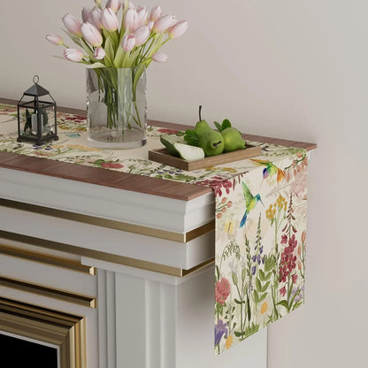 Wildflowers Grass Hummingbirds Spring Table Runner Summer Table Decoration for Party Home Kitchen Dining Holiday Decor 13X72 Inch