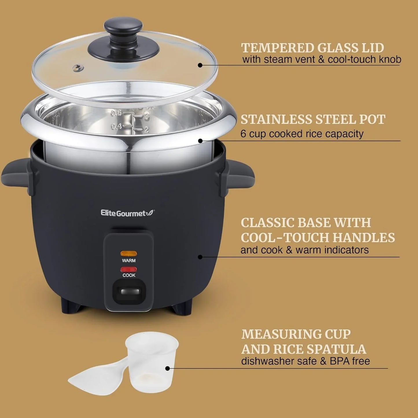ERC006SS 6-Cup Electric Rice Cooker with Stainless Steel Inner Pot, Makes Soups, Stews, Porridges, Grains and Cereals, 6 Cup (3 Cups Uncooked), Black