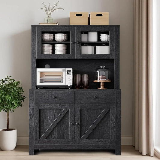 63" Kitchen Pantry Cabinet with Drawers, Hutch Cabinet with Storage, Microwave Stand, Adjustable Shelves, Freestanding Tall Pantry Storage for Dining Room, Living Room, Black