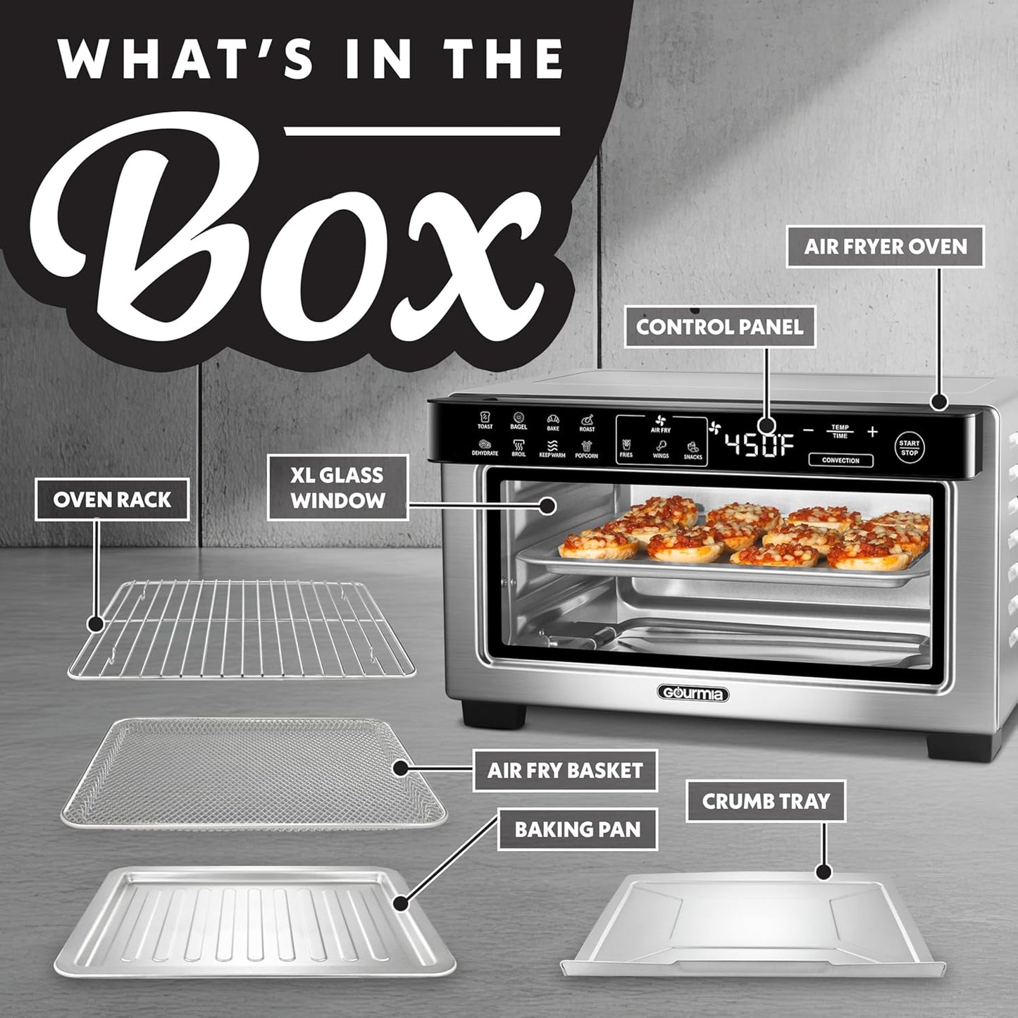 Toaster Oven Digital Air Fryer - Convection Mode with 4 Slice Capacity, 3 Rack Positions, 12 Presets, Toast, Bagel, Bake, Roast, Broil, Dehydrate, Popcorn, Fits 9" Pizza, Stainless Steel