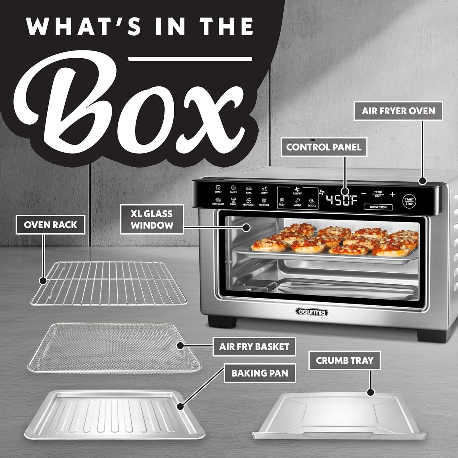Toaster Oven Digital Air Fryer - Convection Mode with 4 Slice Capacity, 3 Rack Positions, 12 Presets, Toast, Bagel, Bake, Roast, Broil, Dehydrate, Popcorn, Fits 9" Pizza, Stainless Steel