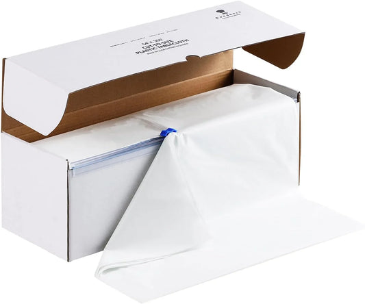 54 Inch X 300 Feet Plastic Table Cloths with Cutter Box, White Disposable Table Cover Roll, Plastic Tablecloth for Party, Banquet, Wedding, Birthday, Anniversary