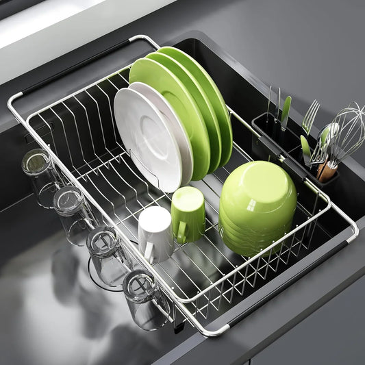 Dish Drying Rack in Sink, Expandable Stainless Steel Dish Drainers for Kitchen Counter, Dish Dryer Rack for inside Sink, over the Sink Dish Racks with Utensil Holder, Silver