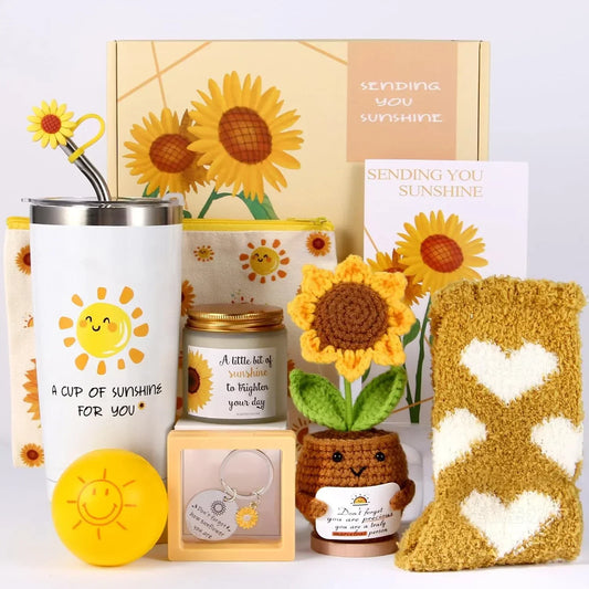 Sunflower-themed gift set with tumbler, candle, crochet sunflower, cozy socks, and sunshine card for cheerful kitchen or home use