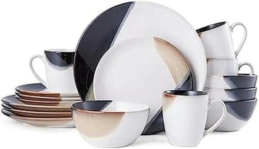 Caden 16-Piece Stoneware Dinnerware Set — Service for 4, Reactive Glaze, Black/Tan & White Finish, Microwave & Dishwasher Safe, Everyday & Formal Use