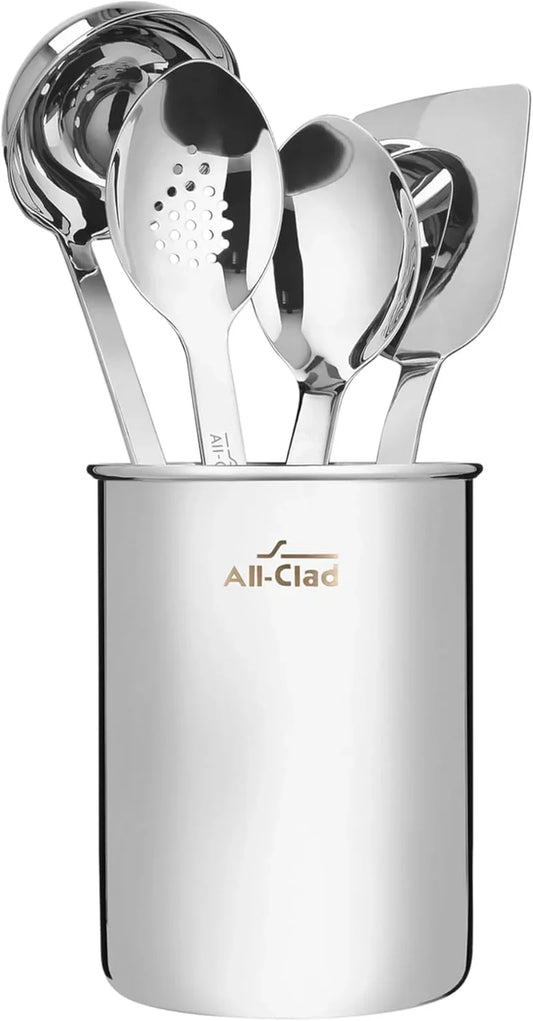5-Piece Stainless Steel Kitchen Utensil Set – Includes Ladle, Solid Spoon, Slotted Spoon, Turner & Storage Caddy – Heavy-Gauge, Ergonomic, Dishwasher Safe, Silver