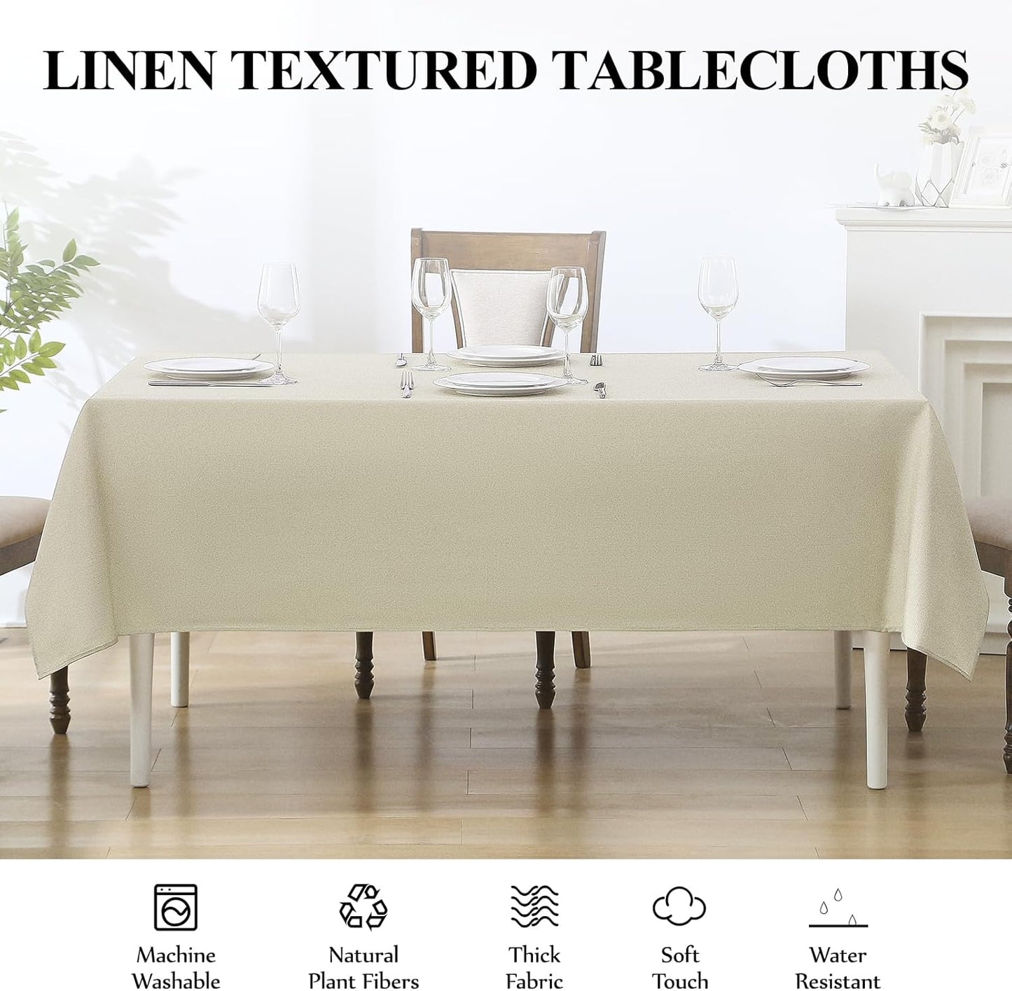 Faux Linen Rectangle Tablecloths 52X70 Inch Beige Waterproof Table Cloths for 4Ft Dining Table Banquets Buffet Parties and Wedding 1 Pack