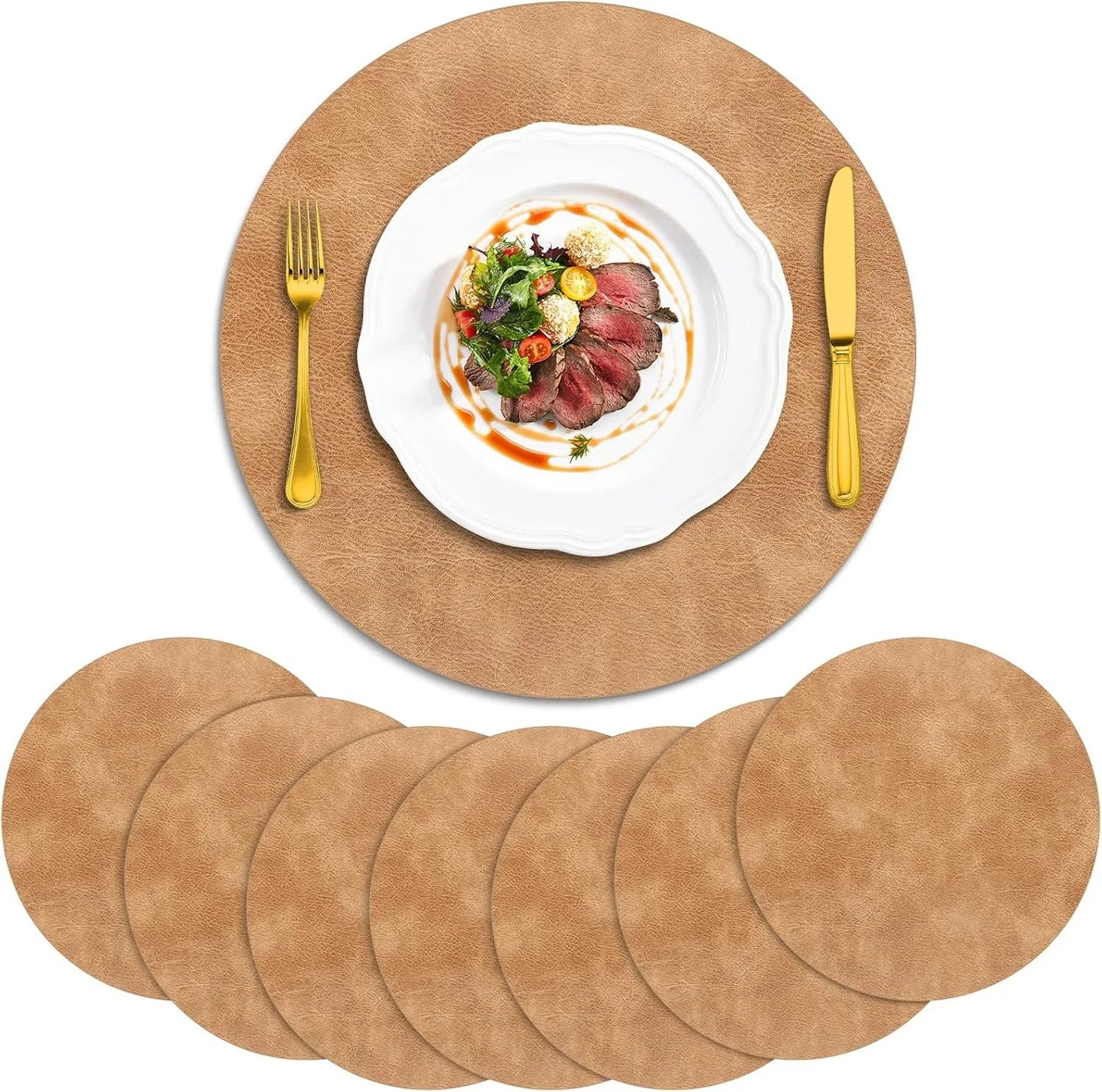 Placemats, Heat Resistant round Placemats Set of 8 Washable, Waterproof Table Mats, Wipeable Faux Leather Place Mats for Kitchen, Dining Room, Camel