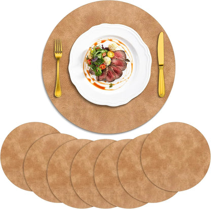 Placemats, Heat Resistant round Placemats Set of 8 Washable, Waterproof Table Mats, Wipeable Faux Leather Place Mats for Kitchen, Dining Room, Camel