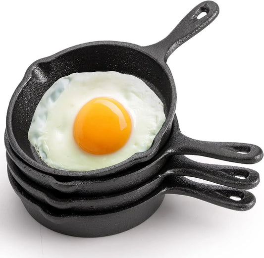 4 Pack Mini Cast Iron Skillet, 4" Small Frying Pans with Double Drip-Spouts for Stove, Oven, Grill Safe, Indoor and Outdoor Use, Non-Stick