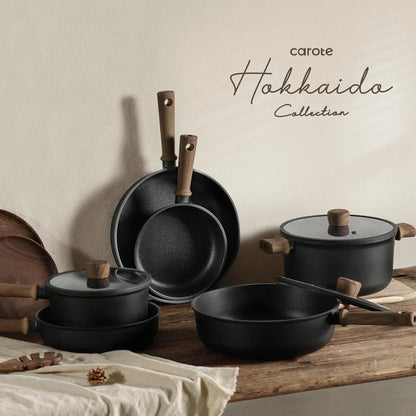 Carote Hokkaido Collection black cookware set with wooden handles, nonstick pots and pans for modern kitchens