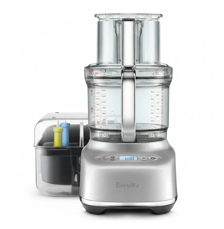 Stainless steel food processor with clear measuring bowl and digital display for kitchen prep