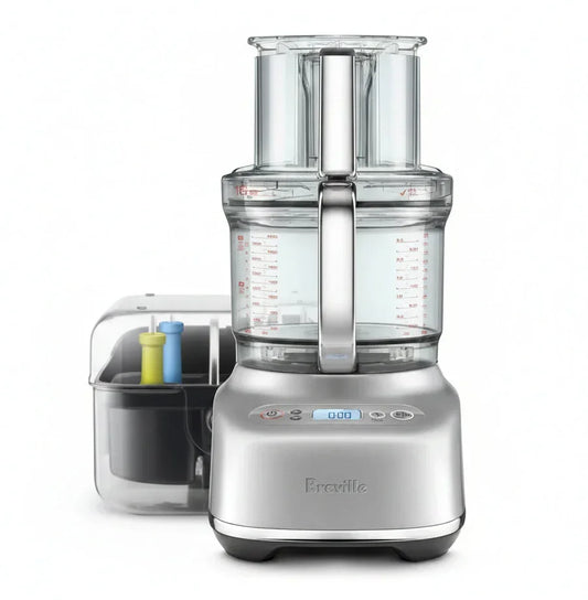 Stainless steel food processor with clear measuring bowl and digital display for kitchen prep