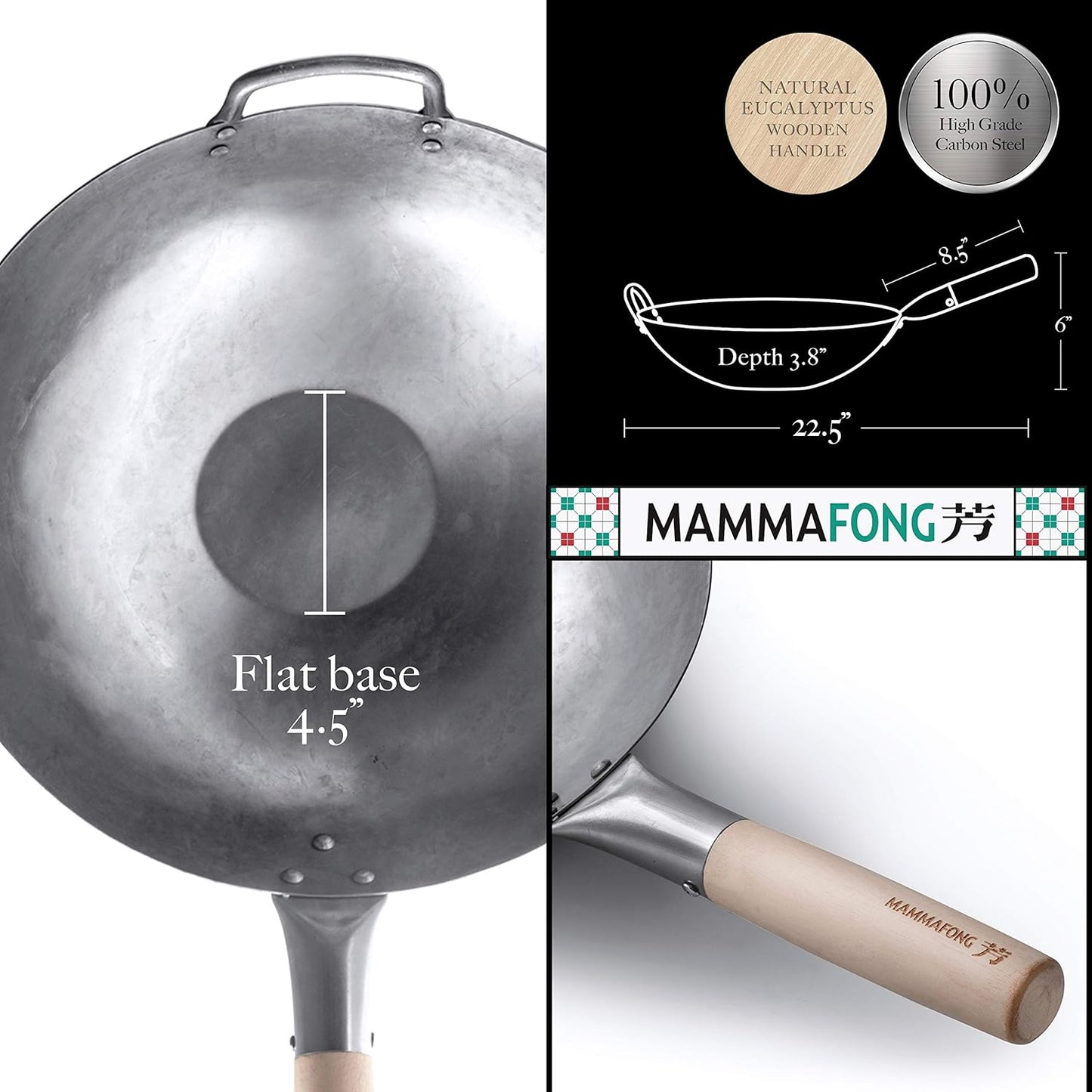 Flat Bottom Carbon Steel Wok Pan - Authentic Hand Hammered Woks and Stir Fry Pans - 14" Pow Wok