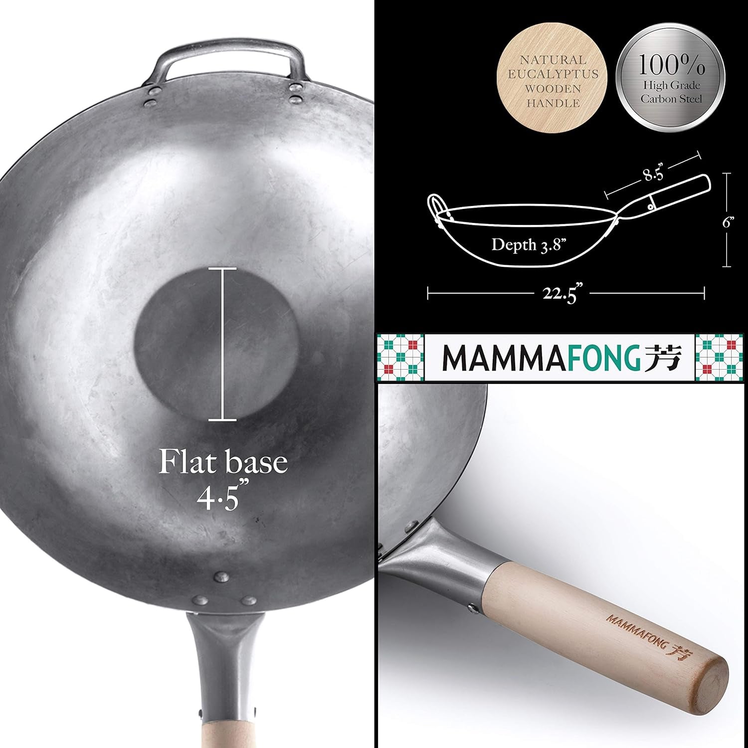 Flat Bottom Carbon Steel Wok Pan - Authentic Hand Hammered Woks and Stir Fry Pans - 14" Pow Wok