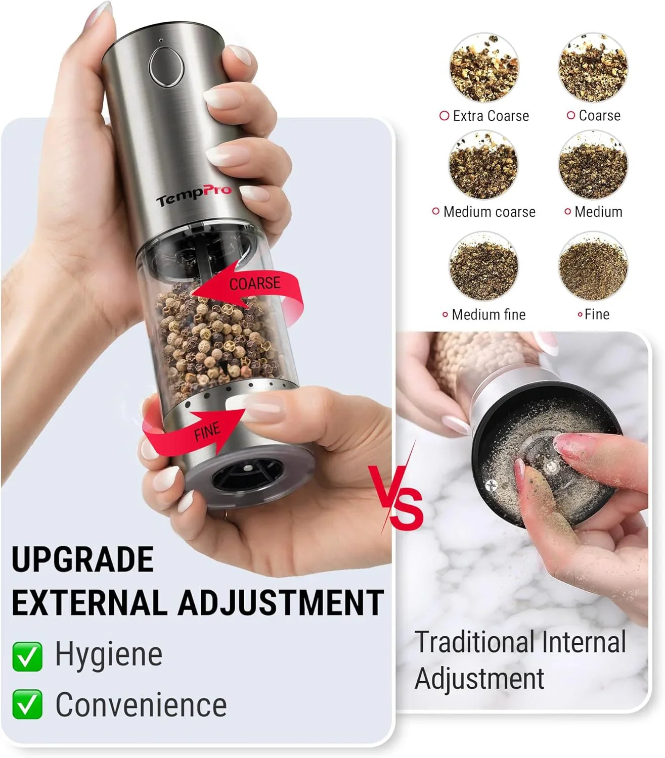 100Ml Electric Salt and Pepper Grinder Set Rechargeable, Automatic Pepper Grinder Shakers with External Adjustment, Refillable Pepper Mill Set with Cover & LED, 2-Pack(Previously Thermopro)